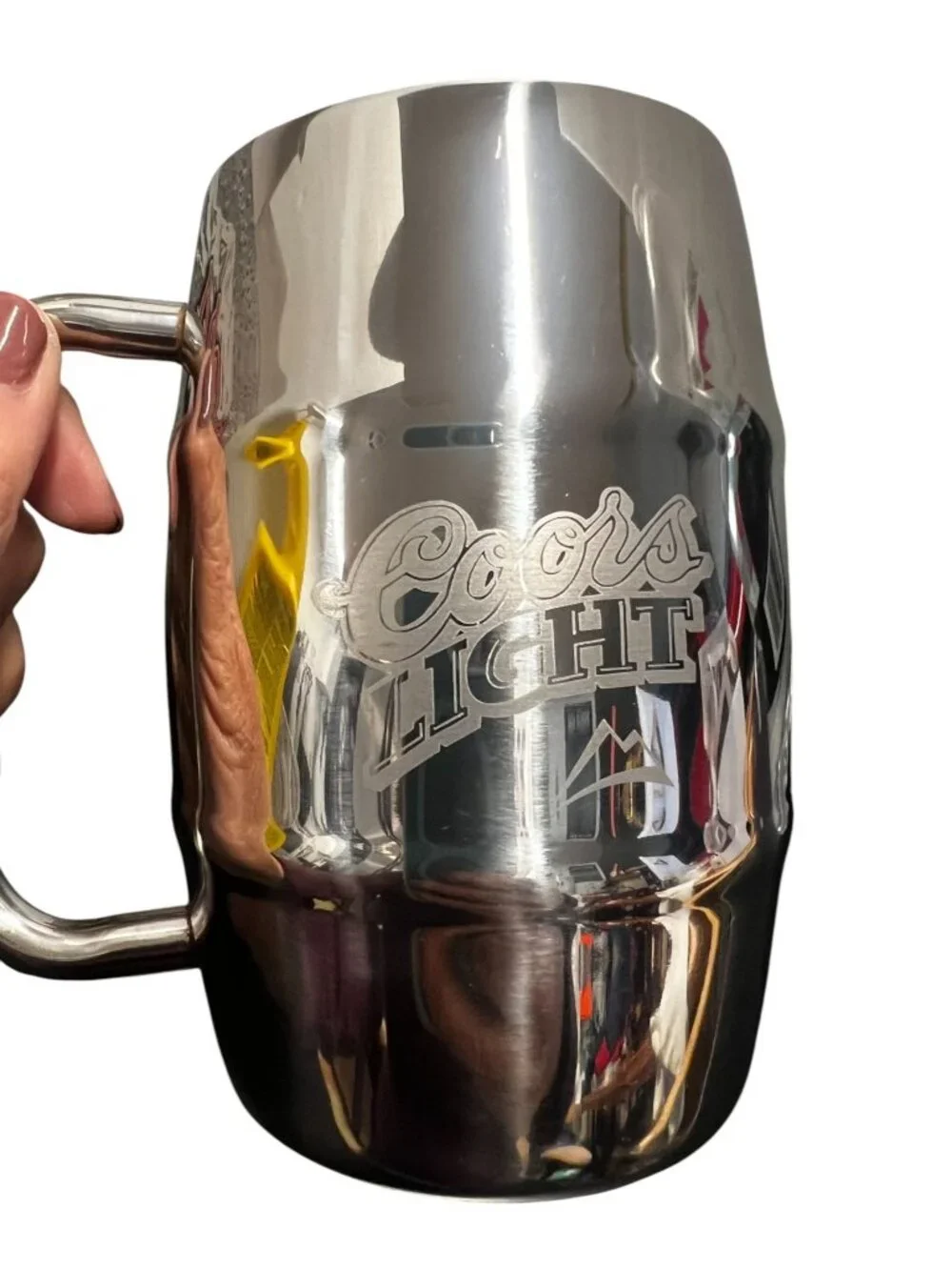 The Silver Bullet Coors stainless steel beer mug, barrel shaped, polished finish